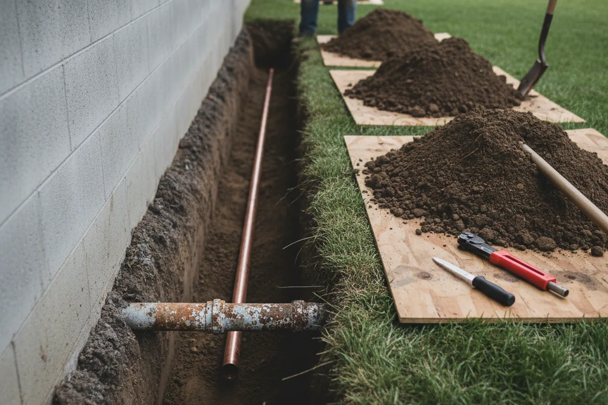 Excavated water line trench during Sewer Line Repair in Maidens